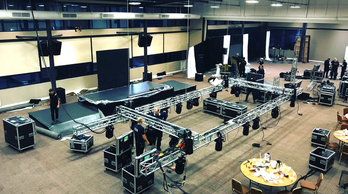 Crew assembling truss, lighting and modular staging in a venue