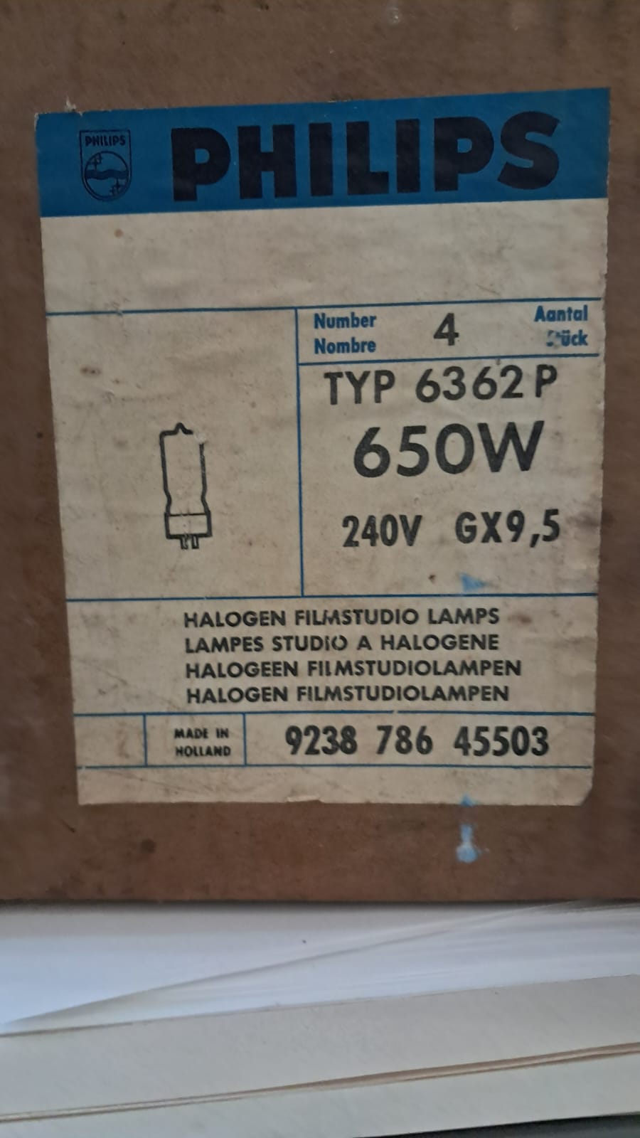OLD but NEW - Boxed TYPE 6362P 650w 240v GX9.5 Lamp (Loc.A6)